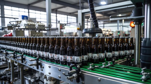 Garrafas de vidro de cerveja Conceito de linha de produção de fábrica de cerveja