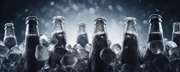Foto garrafas de vidro de cerveja fria com gotas de água fresca em panorama generative ai