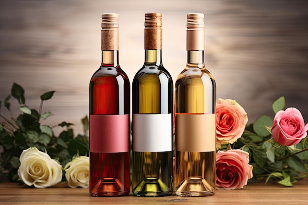 Foto garrafas de vinho de qualidade vinho branco vermelho e vinho de rosa isolado em vinho branco