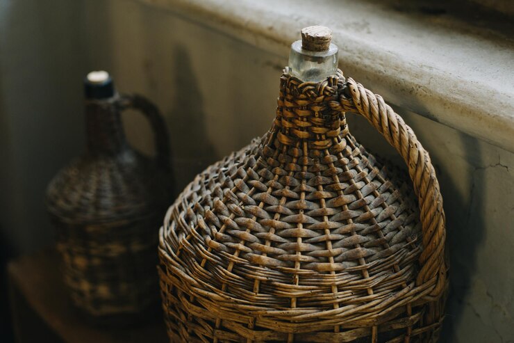 Foto garrafas de vinho de vintage perto da janela.
