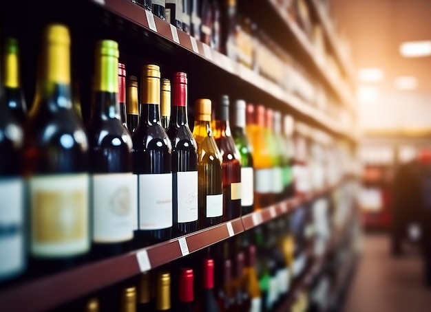 Garrafas de vinho desfocadas abstratas em prateleiras de bebidas alcoólicas em fundo de loja de supermercado IA generativa