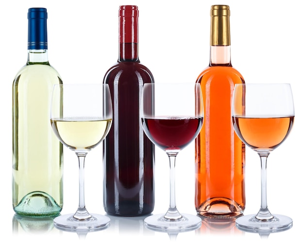 Garrafas de vinho tinto e branco rosa copos de vinhos isolados