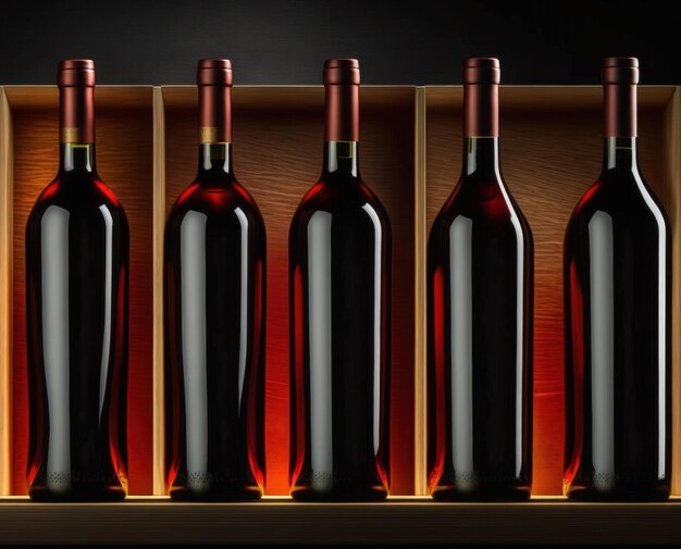 Garrafas de vinho tinto em um fundo preto de prateleira de madeira para um banner panorâmico
