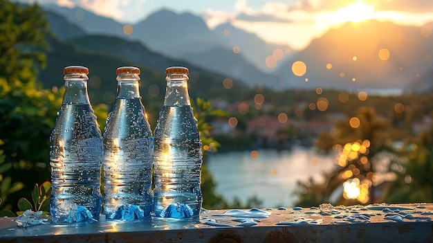 Garrafas e copos de água mineral pura com uma paisagem montanhosa ao fundo