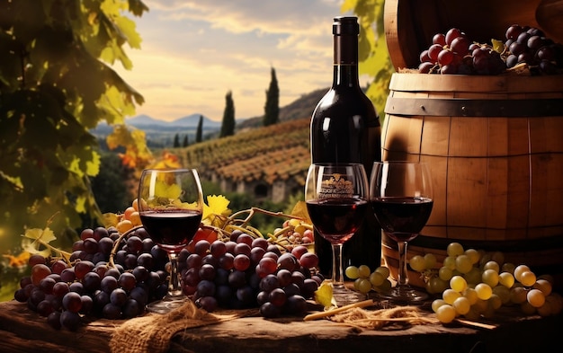 Garrafas e Taças de Vinho com Uvas e Barris em Ambiente Rústico
