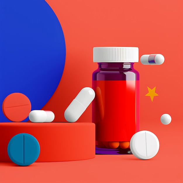 garrafas médicas com comprimidos em fundo colorido