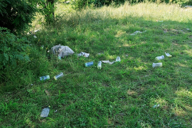 Garrafas plásticas na poluição do lixo da grama