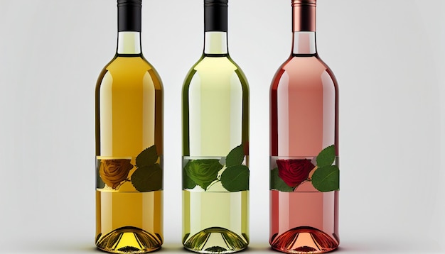 Garrafas realistas de rosa vermelha e vinho branco em fundo branco Generative AI