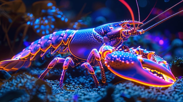 Las garras luminosas de la langosta de neón brillando en un fondo oceánico digital