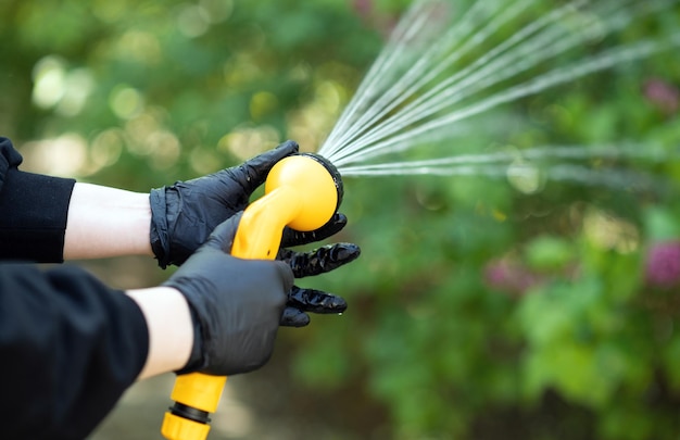 Garten aus Schlauch bewässern Hand mit Gartenschlauch Pflanzen aus nächster Nähe bewässern