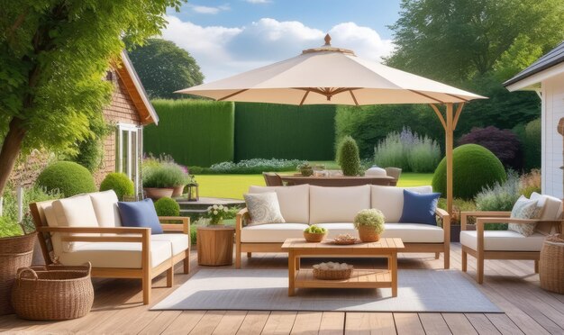 Garten-Lounge-Außenmöbel und Landhaus-Patio-Dekoration mit Sofa und Tisch Landschaftsdesign im Country-Cottage-Stil