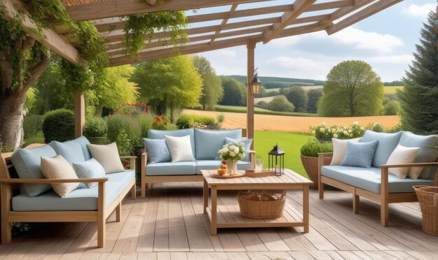 Garten-Lounge-Außenmöbel und Landhaus-Patio-Dekoration mit Sofa und Tisch Landschaftsdesign im Country-Cottage-Stil