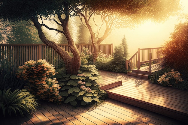 Garten mit Bäumen und Holzdeck in der Sonne im gemütlichen Hinterhof