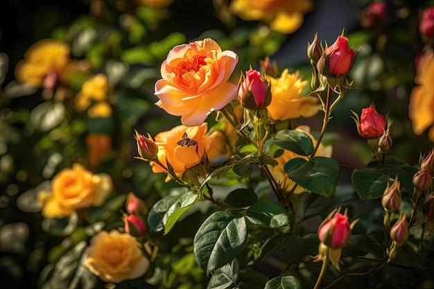 Garten mit bunten Rosen, Schmetterlingen und Bienen, sanfter Parfüm in der Luft, generative IA.