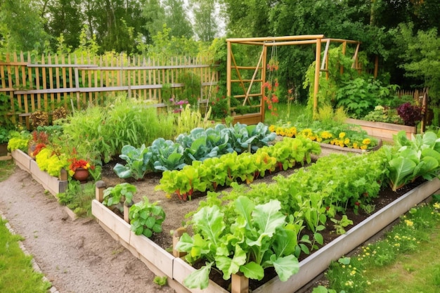 Garten mit erhöhten Gemüse- und Blumenbeeten, umgeben von einem Holzzaun, der mit generativer KI angelegt wurde