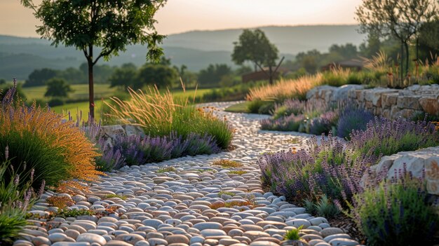 Foto garten mit felsen, gras und bäumen