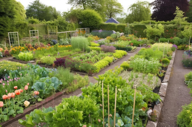 Garten mit Gemüsebeet, umgeben von blühenden Blumenbeeten