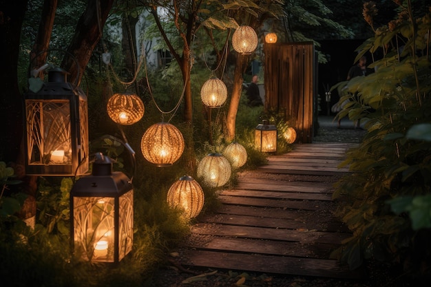 Garten mit Laternen und Lichterketten, die nachts beleuchtet werden und eine warme und friedliche Atmosphäre schaffen