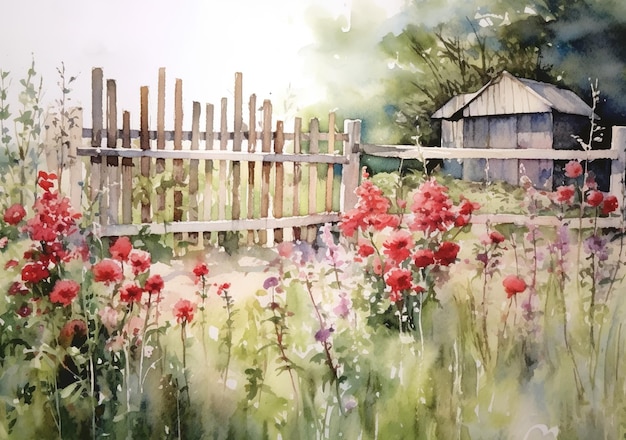 Foto garten mit zaun-aquarell-illustration