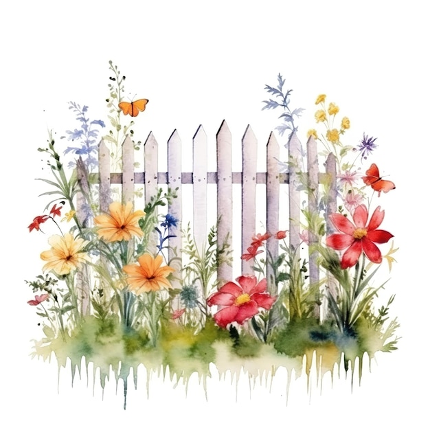 Garten mit Zaun-Aquarell-Illustration