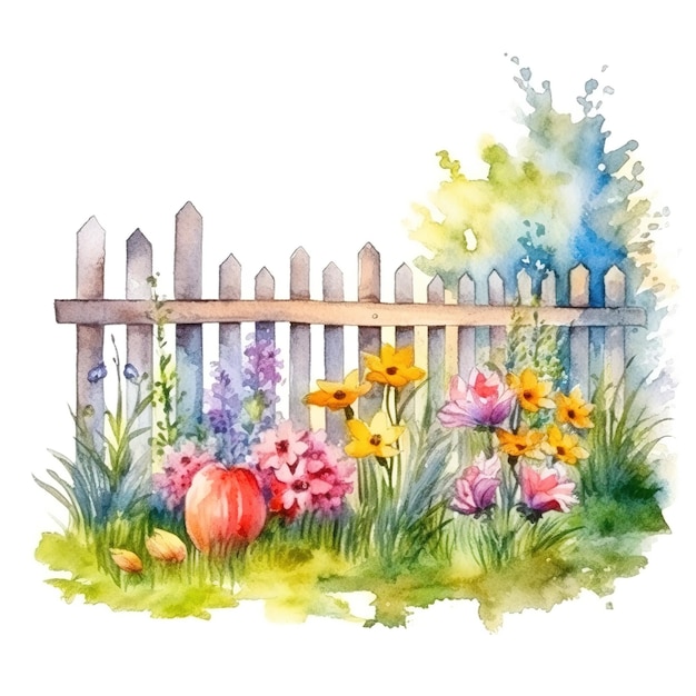 Garten mit Zaun-Aquarell-Illustration