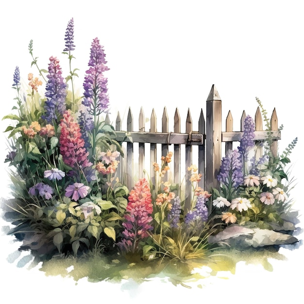 Garten mit Zaun-Aquarell-Illustration