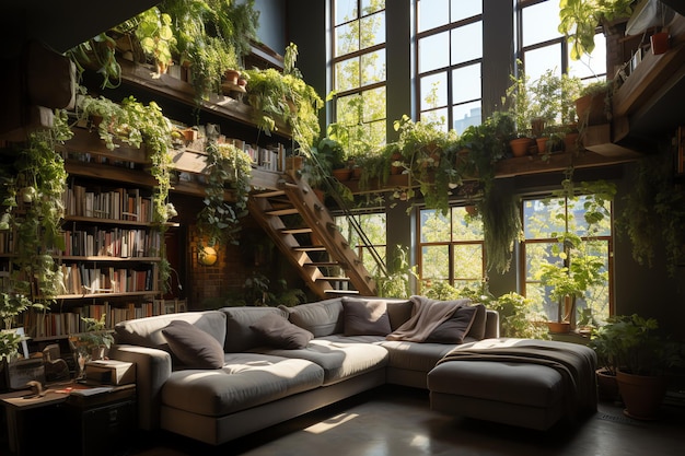 Garten oder riesige Pflanzen überwuchern die Wohnung im Inneren Stil der Wohnzimmergestaltung mit grüner Wand