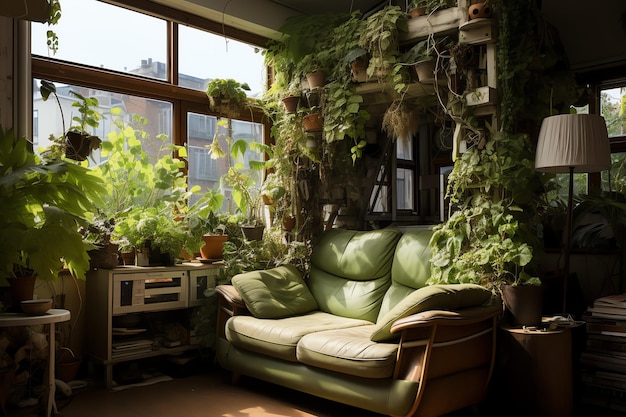 Garten oder riesige Pflanzen überwuchern die Wohnung im Inneren Stil der Wohnzimmergestaltung mit grüner Wand