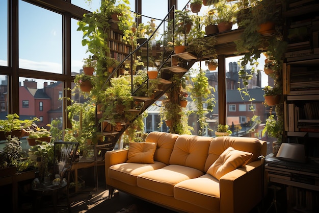 Foto garten oder riesige pflanzen überwuchern die wohnung im inneren stil der wohnzimmergestaltung mit grüner wand