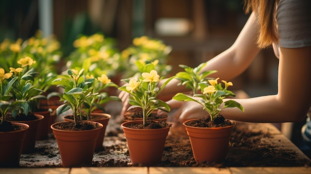 Garten- und Hausarbeitskonzept Frau in Handschuhen pflanzt Topfblumen