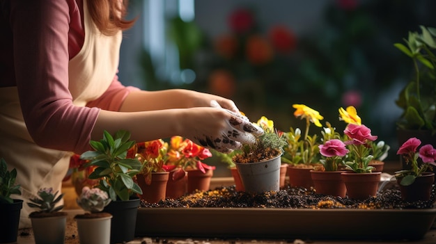 Garten- und Hausarbeitskonzept Frau in Handschuhen pflanzt Topfblumen