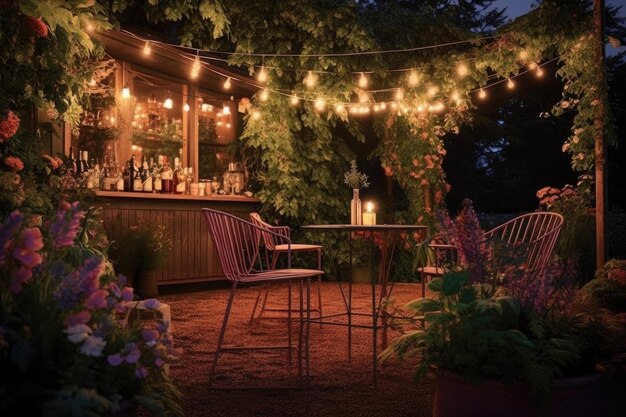 Gartenanlage mit Amaretto-Cocktails und Feenlampen, die mit generativer AI erstellt wurden