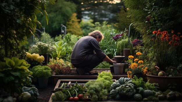 Foto gartenarbeit ein mann im garten pflanzt blumen, gemüse und früchte