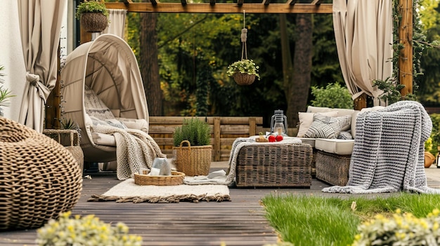 Gartenbalken mit rustikaler beigefarbener Dekoration Outdoor-Design Generative Ai