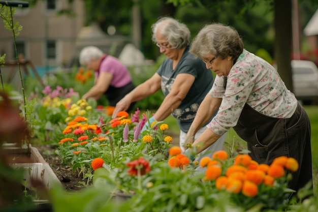 Gartenbau-Projekt, bei dem Senioren zusammen lebendige Blumenbeete und Gemüseflächen anbauen