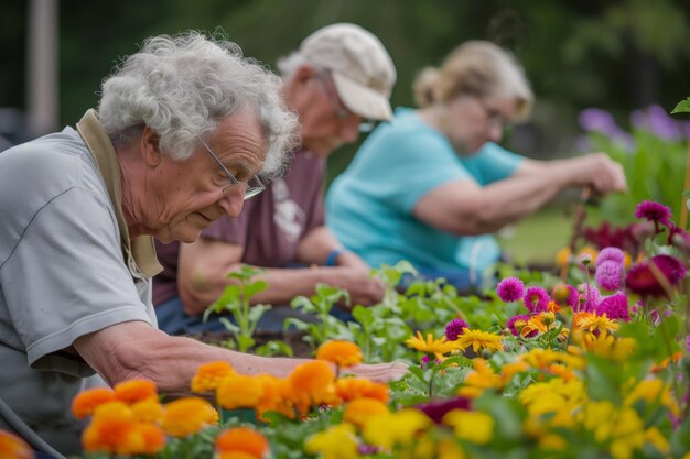 Foto gartenbau-projekt, bei dem senioren zusammen lebendige blumenbeete und gemüseflächen anbauen