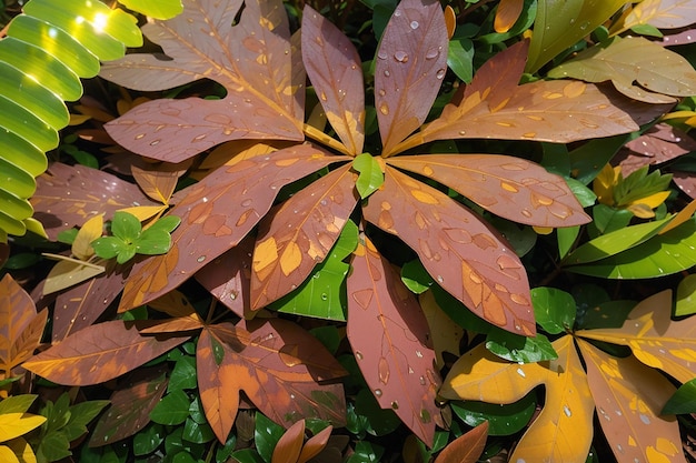 Gartenblätter nach dem Regen bei Sonnenuntergang