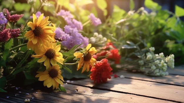 Gartenblumen auf Holztischhintergrund Generative KI