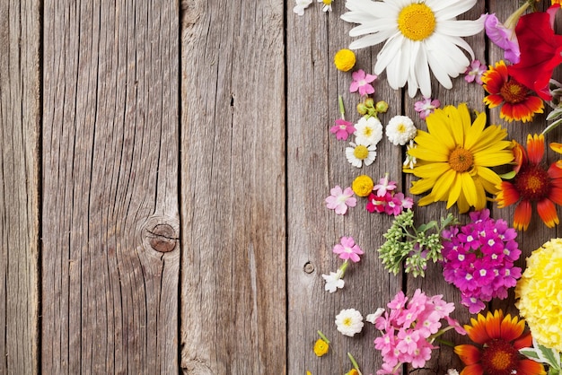 Foto gartenblumen über hölzernem hintergrund