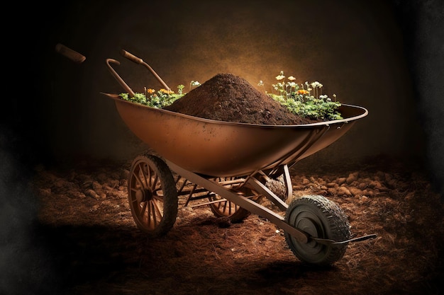 Gartengeräte alte Eisenschubkarre mit Erde und Blumen