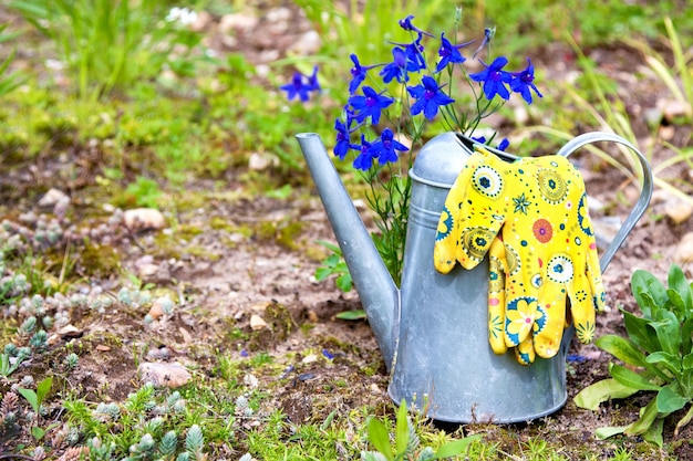 Foto gartengeräte im garten im frühjahr