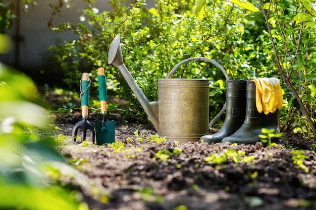 Gartengeräte und Blumen im Garten wie Gießkanne Gummistiefel Vasen Töpfe Gummihandschuhe