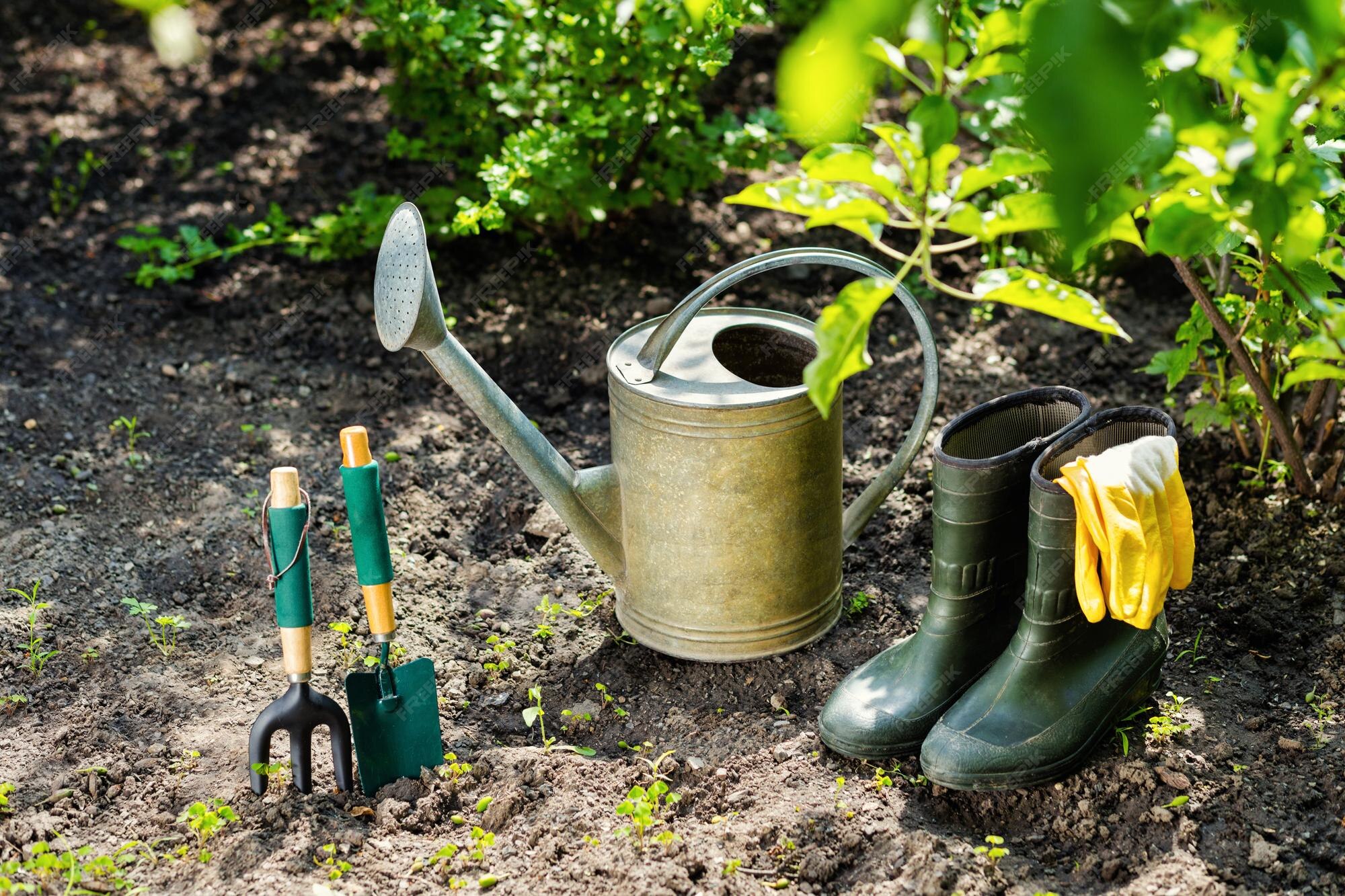 Gartengeräte und blumen im garten wie gießkanne gummistiefel vasen