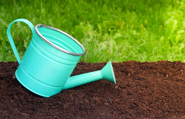 Gartengießkanne auf dem Boden. Frühling und Herbst im Garten