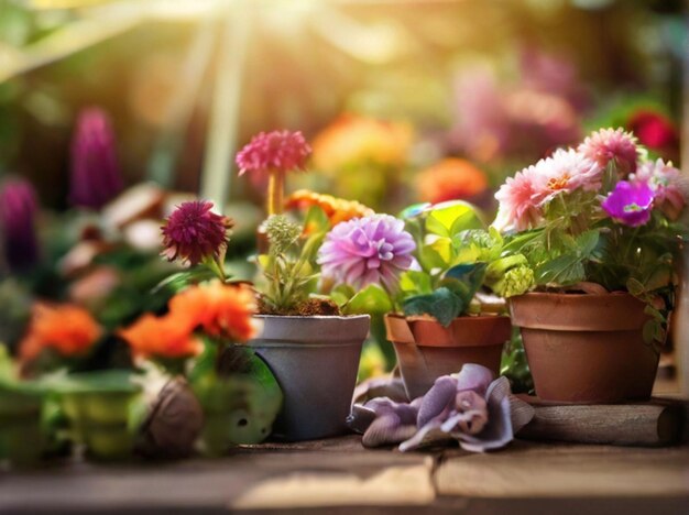 Gartenkonzept Gartenblumen und Pflanzen auf einem sonnigen Hintergrund