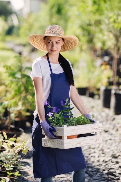 Gartenkonzept. Schöner Gärtner der jungen Frau mit Blumen in der Holzkiste.