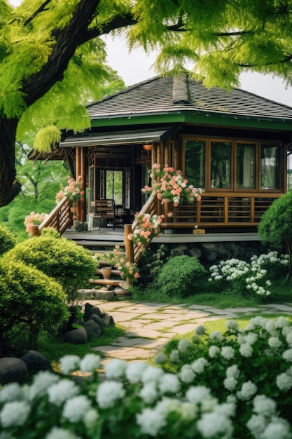 Gartenlandschaft, Haushintergrund, grüner Wald, Öko-Lodges