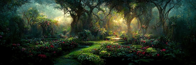Gartenlandschaft, Natur, Grün, Sommer, Pflanzen, Blumen. Hintergrund der digitalen Illustration, Malerei