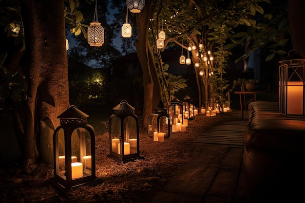 Gartennacht mit Laternen und Lichterketten in romantischer Atmosphäre