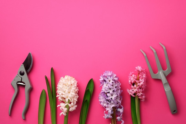 Gartenschere, Rührstange, mit Blumen auf pinken Pastellhintergrund.